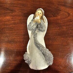 Vintage Transpac Silver Glitter Angel Figurine Handcrafted Resin Holiday Décor